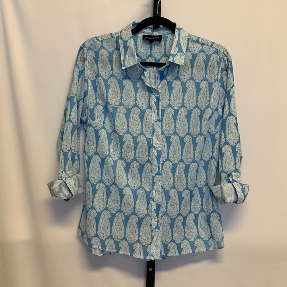French Curve Button Up Top Womens Small Blue/White